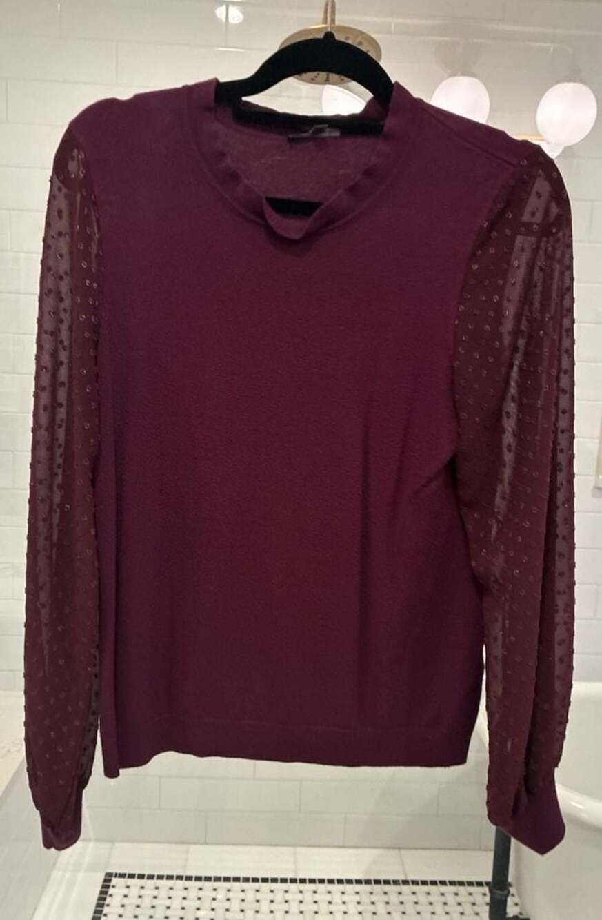 Adrianna Papell Women's Long Sleeve Mixed Media Sweater Sheer Clip Dot Sleeves